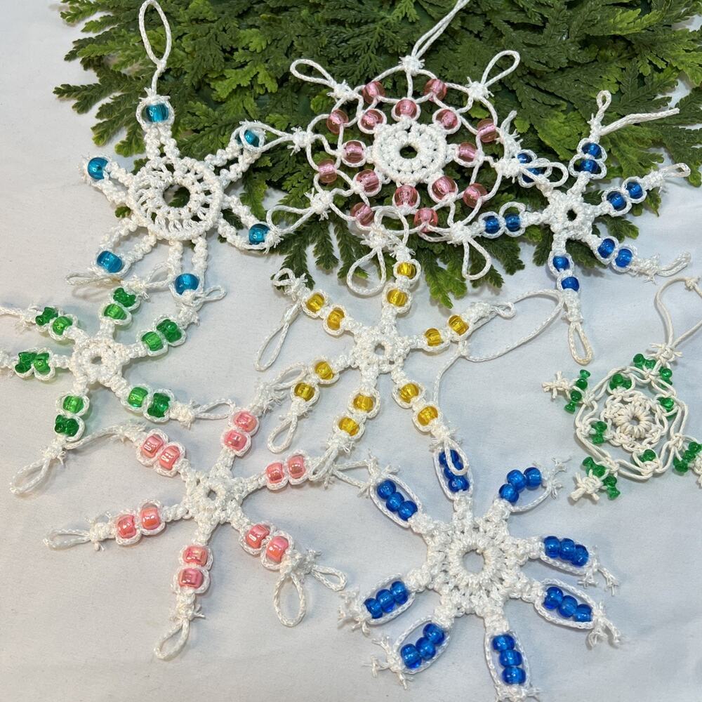 Vintage Lot of 8 Snowflake Christmas Ornaments Macrame Wooded White Pink Blue +
